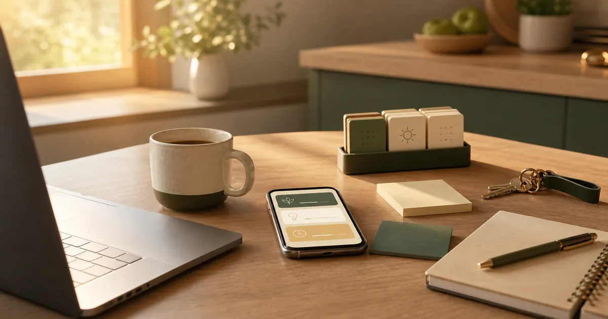 Busy adult learning setup with phone lesson cards, coffee, notebook, and calendar blocks for realistic daily microlearning