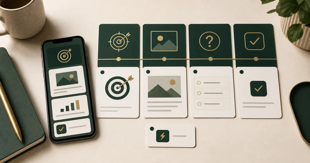 Atomic microlearning lesson template with goal, example, quiz, and action cards arranged beside a phone