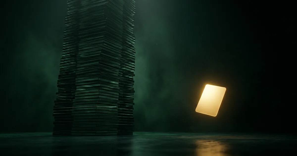 A towering stack of long course modules beside a single small glowing lesson card, showing the shift from long-form training to microlearning