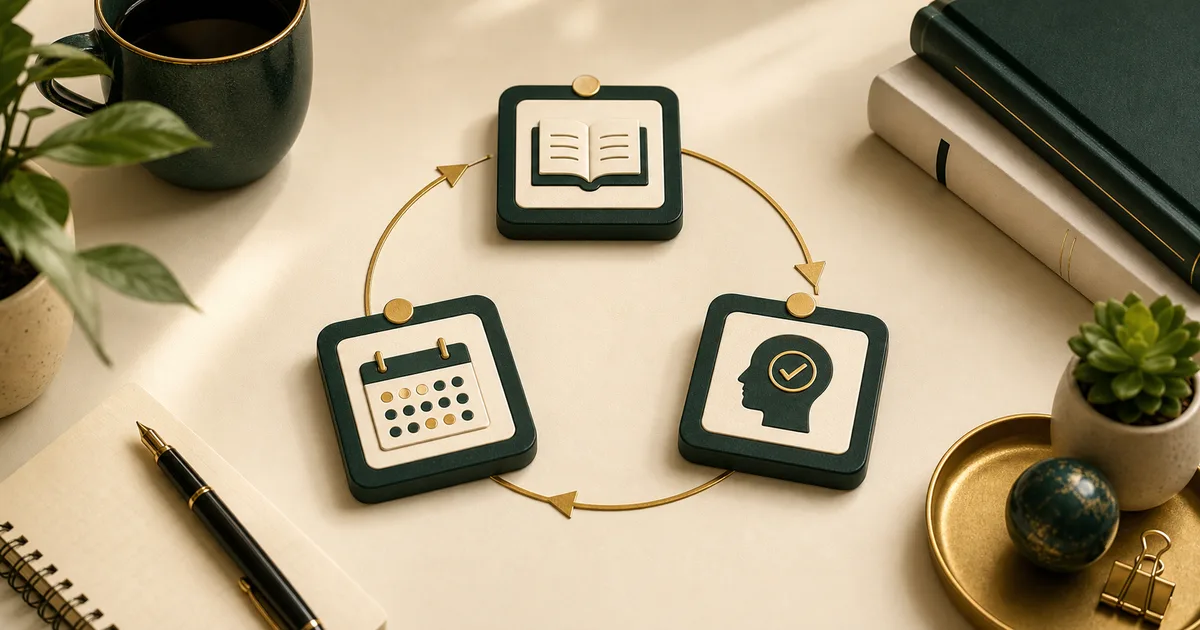 Three-part learning loop showing microlearning, active recall, and spaced repetition as connected study cards