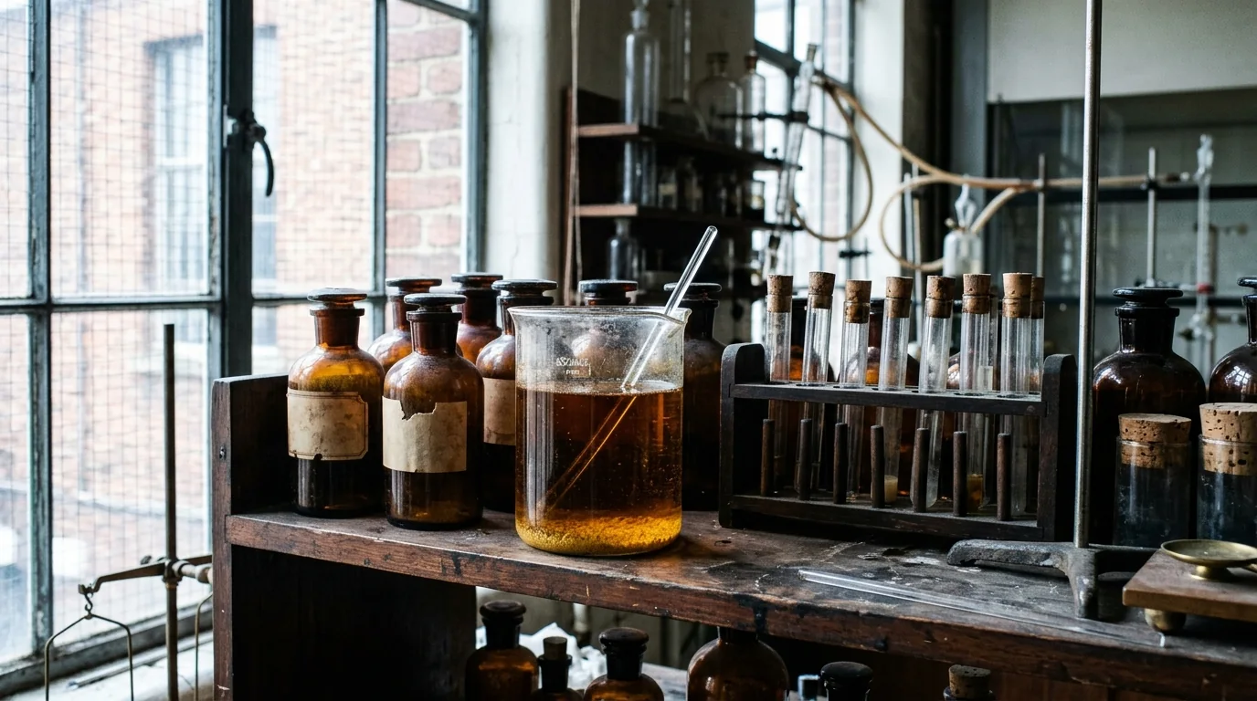 Laboratory flask holding a dark liquid with a golden shimmer on a 1940s shelf