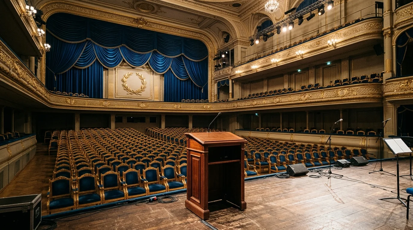 Empty ceremonial hall set for an award ceremony with gilded chairs and a laurel backdrop