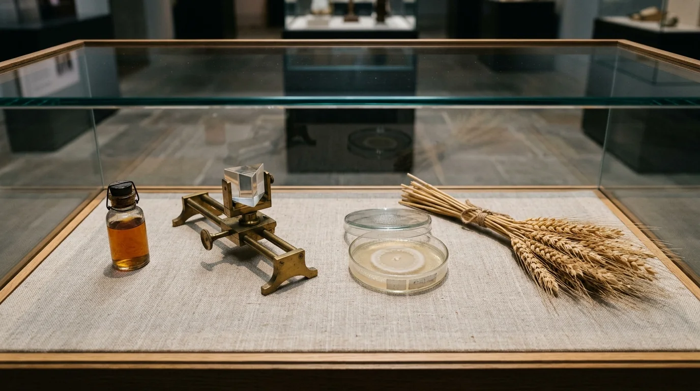 Abstract composition of a radium vial, a light diagram, a petri dish and a wheat sheaf