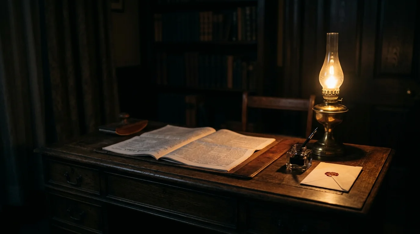 Nineteenth century desk at night with a folded newspaper, oil lamp and inkwell