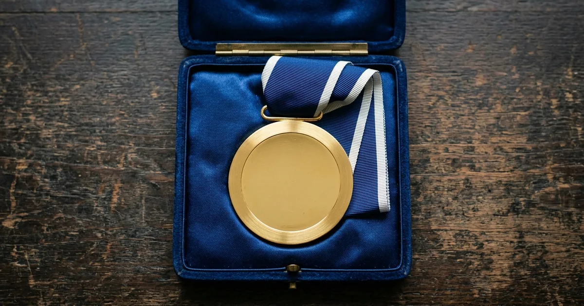 Quiz style illustration of a gold medal surrounded by question marks and laurel leaves