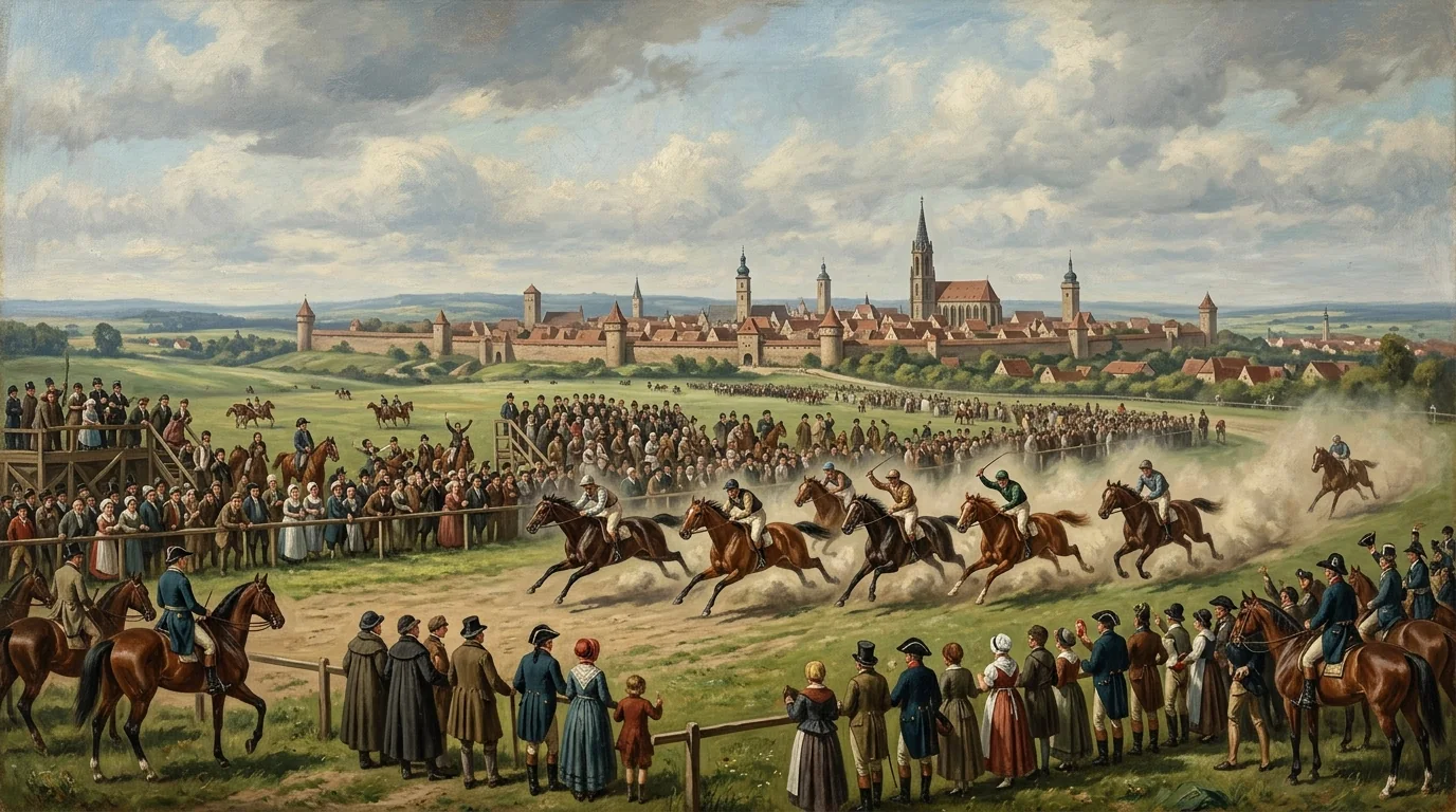 Nineteenth century horse race on a meadow outside Munich with crowds in period dress