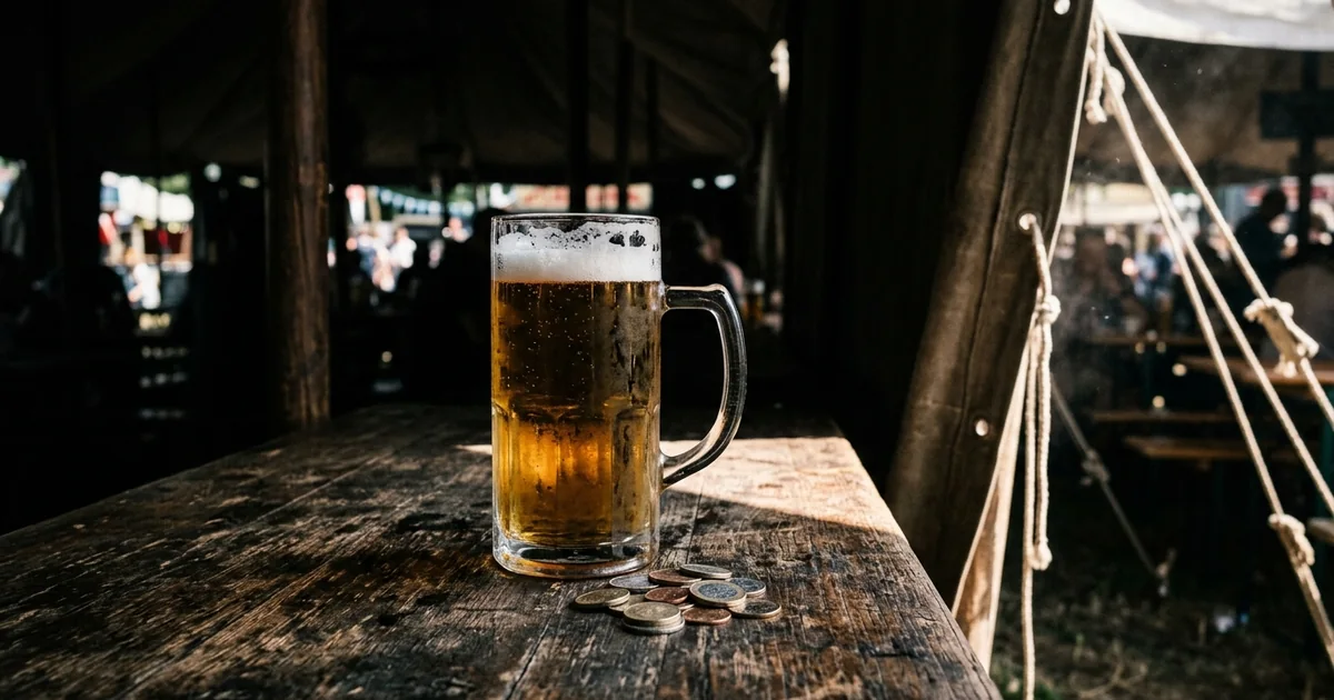 Beer stein beside a rising line chart representing decades of Oktoberfest price increases