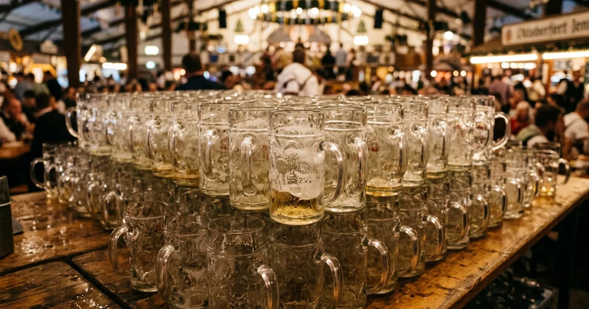 Infographic style illustration of beer steins, pretzels and rising price charts