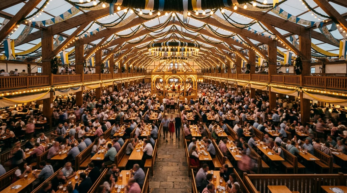 Interior of a large Oktoberfest beer tent with long tables and warm lantern light