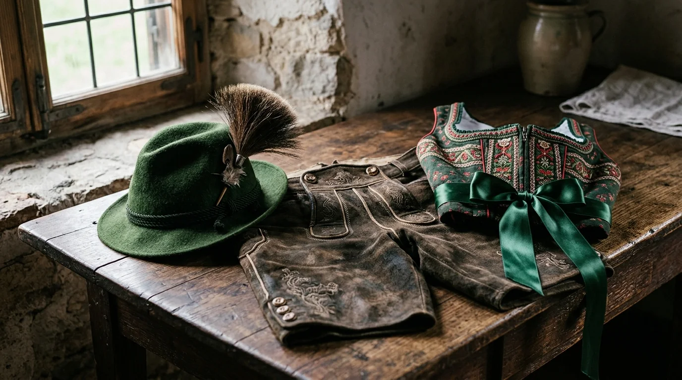 Detail of Bavarian traditional dress: dirndl bodice with a tied bow and lederhosen buttons
