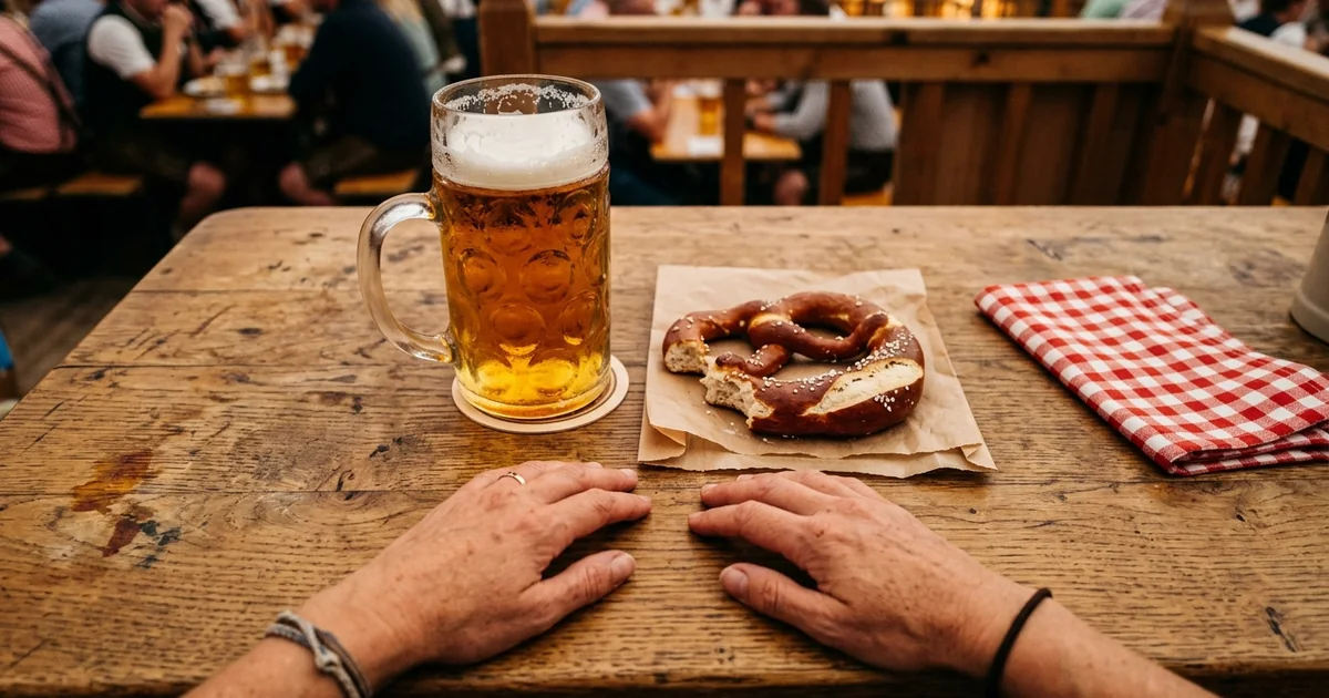 Illustration of dirndl and lederhosen details, a tapped keg and raised beer steins