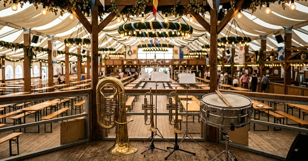 Quiz style illustration with beer steins, pretzels and question marks in Bavarian colours