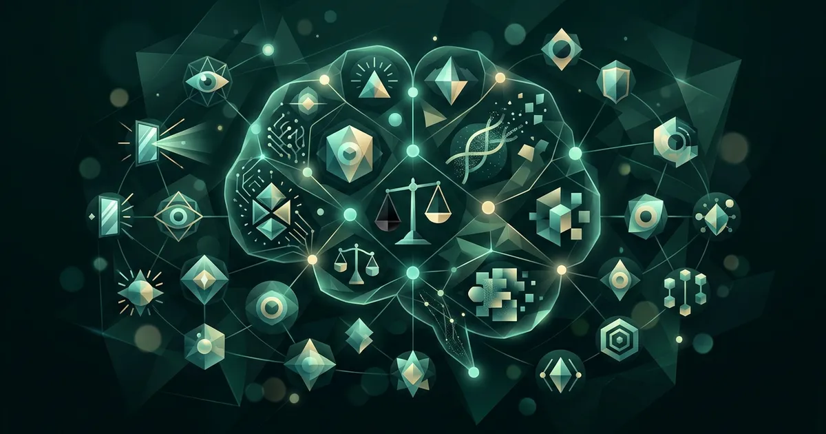 Illustrated diagram of human psychology concepts including cognitive bias, social influence, and emotion