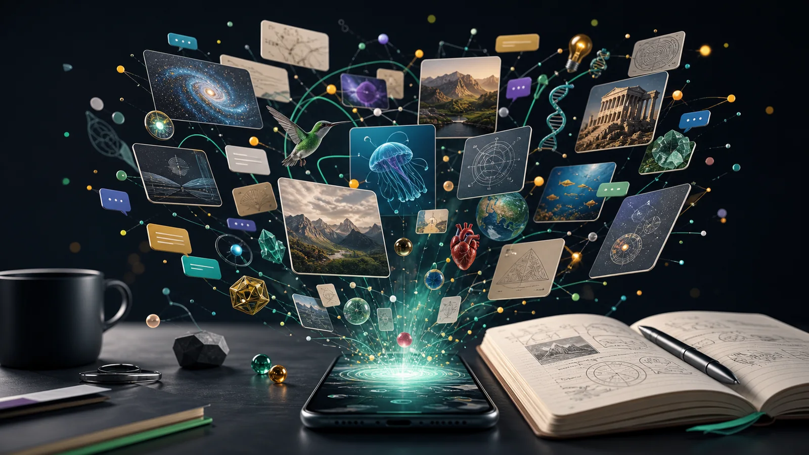 A phone and notebook with a constellation of science, history, map, nature, and idea cards rising into an organized learning network
