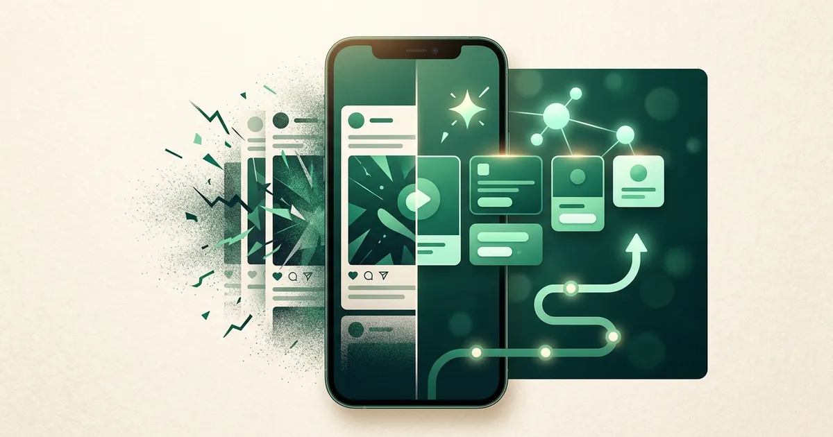 Phone screen transforming from social media feeds into learning cards and useful app icons