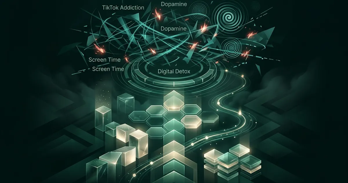 Person putting down a phone showing TikTok and picking up a book, symbolizing a 30-day experiment to replace social media with learning