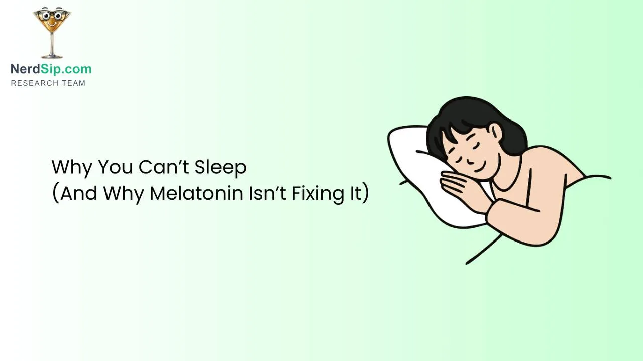 Person lying awake in bed with a phone glowing nearby, melatonin disruption illustrated with a dimmed hormone chart