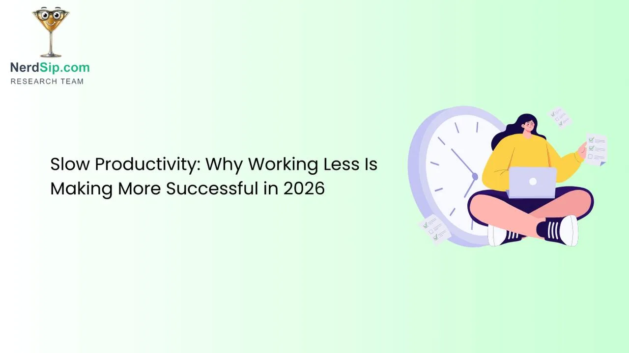 Person working calmly and deliberately at a desk in a bright workspace, without the hustle-culture chaos