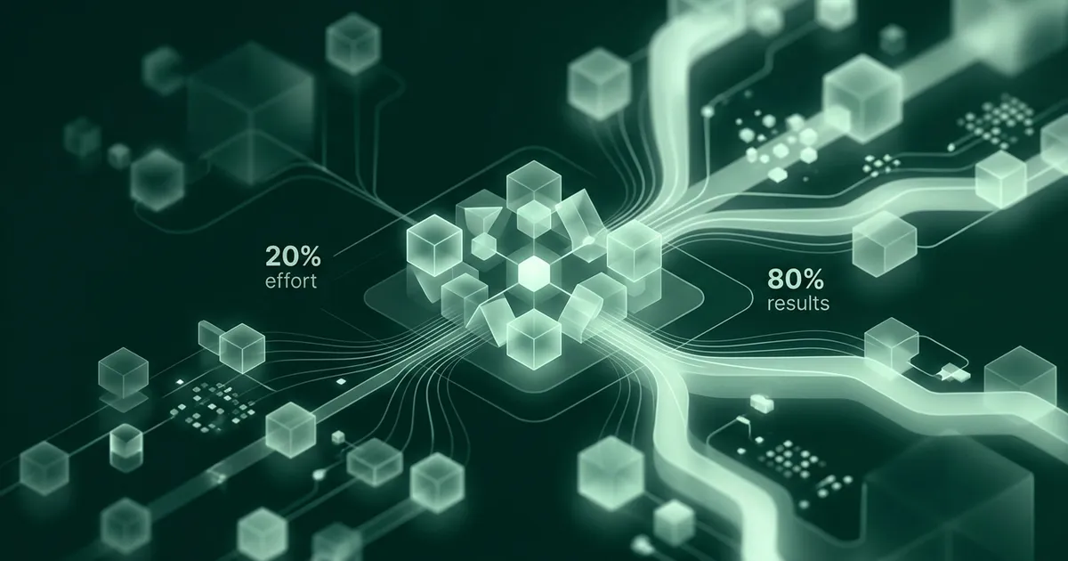 A funnel narrowing a large pool of information into a small concentrated stream of key concepts, representing the 80/20 rule of learning