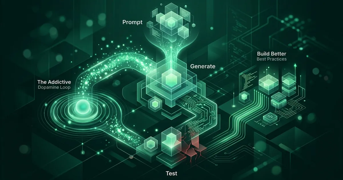 Abstract neural network visualization with glowing emerald pathways representing dopamine reward circuits intertwined with flowing code symbols