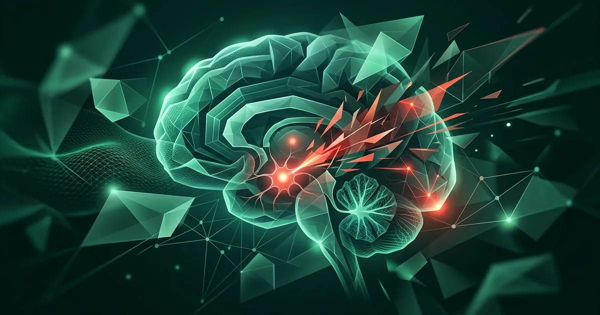 Abstract visualization of a human brain silhouette with glowing neural pathways and a digital AI presence casting a shadow, representing the threat response to artificial intelligence