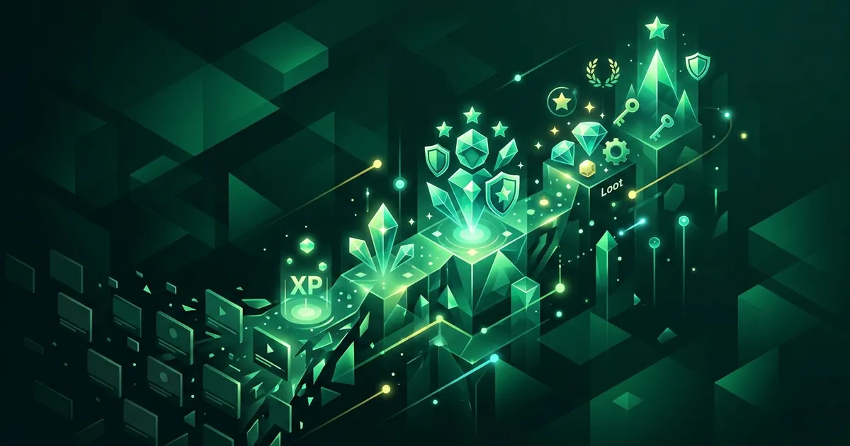 RPG-style character progression screen overlaid on a learning app interface showing XP bars and loot drops