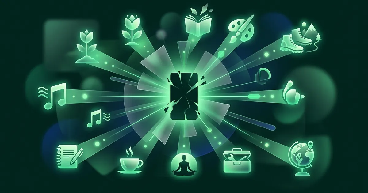 Person setting down their phone and looking engaged with something off-screen, warm ambient light, relaxed home setting