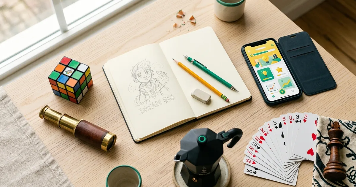 A person at a sunny kitchen table with a solved Rubik's cube, an open cookbook, and a sketchpad, phone face down and forgotten to the side