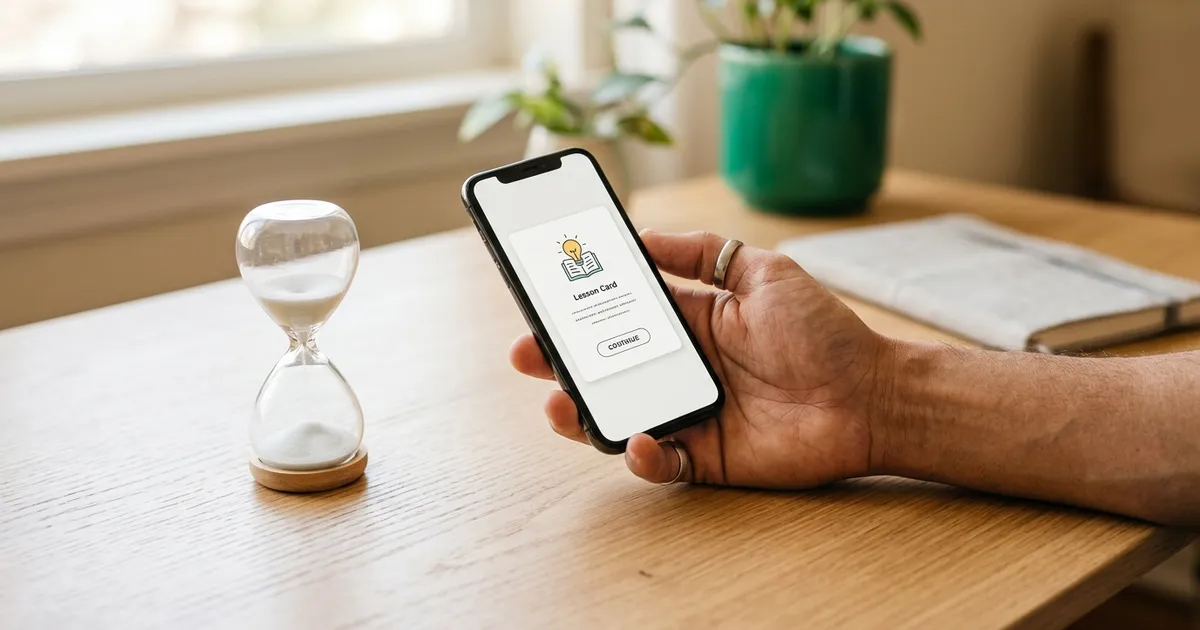 Illustrated cross-section of a brain lighting up with a small reward spark as a short lesson completes on a nearby phone