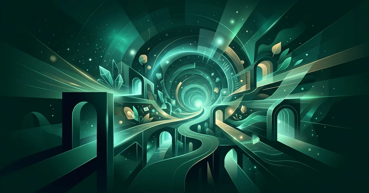 A panoramic illustration transitioning from a Dyson sphere to underwater depths to ancient temples, representing NerdSip's Rabbit Holes experience