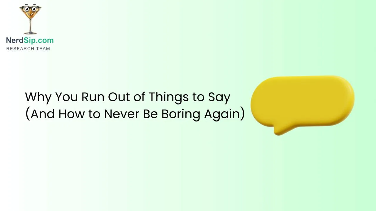 Person in mid-conversation with speech bubble going blank, then recovering with an interesting topic card