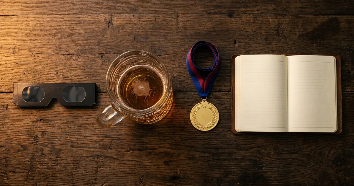 Emerald collage of a solar eclipse, a beer stein and a gold medal representing three world events