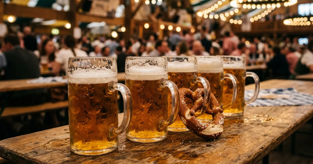 Oktoberfest beer tent scene in Munich with steins, pretzels and a brass band under warm lantern light