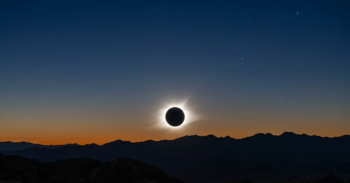 Total solar eclipse with the sun's corona glowing around a black moon disc above a low horizon