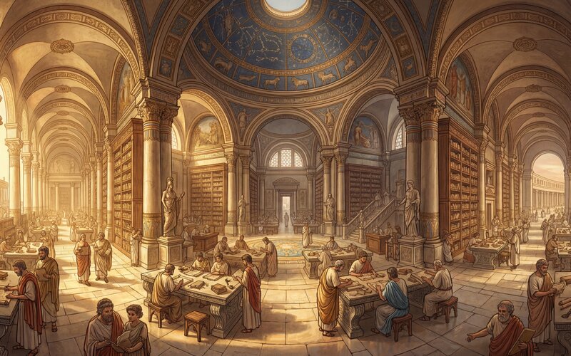 The Library of Alexandria filled with scrolls and scholars