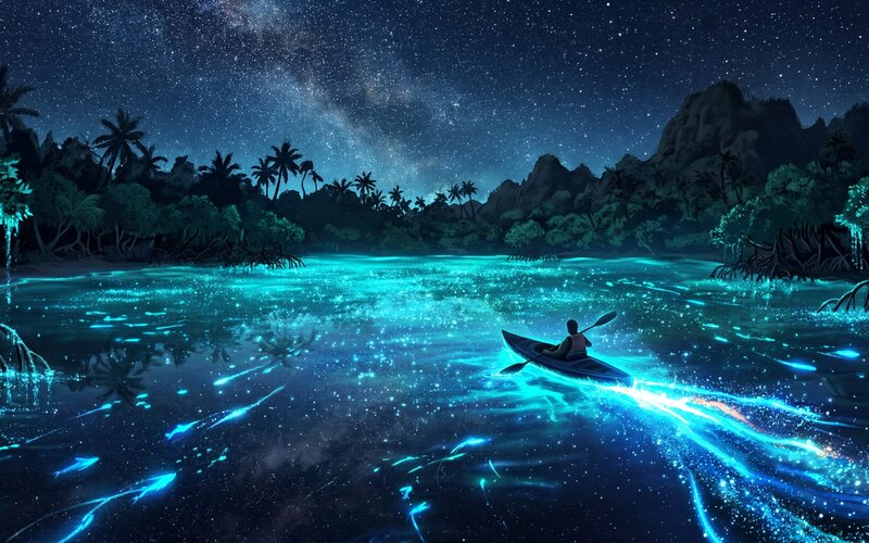 A bioluminescent bay glowing electric blue at night with kayak trails of light