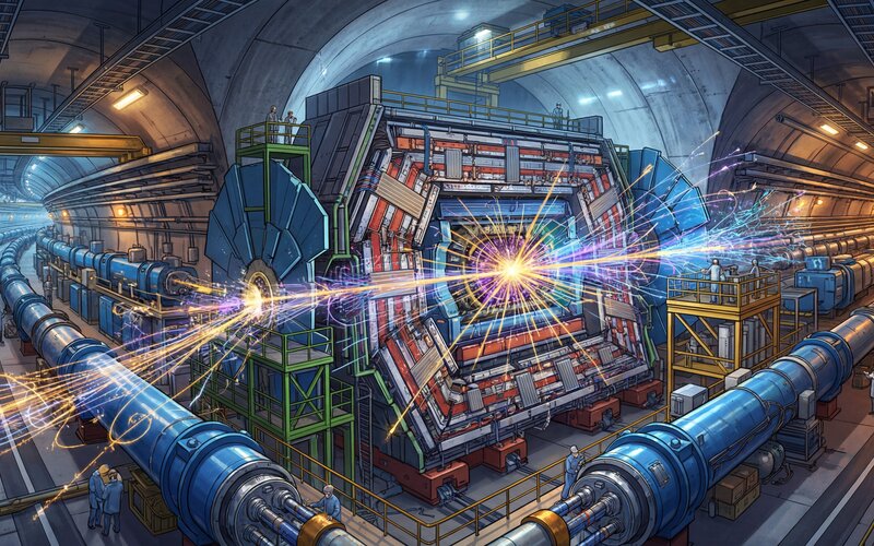 CERN's Large Hadron Collider tunnel with superconducting magnets and particle collisions