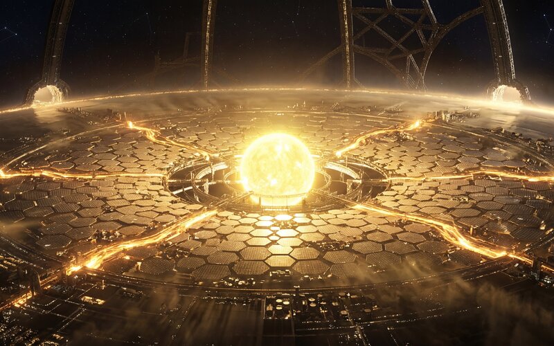Panoramic illustration of a Dyson Sphere megastructure surrounding a star