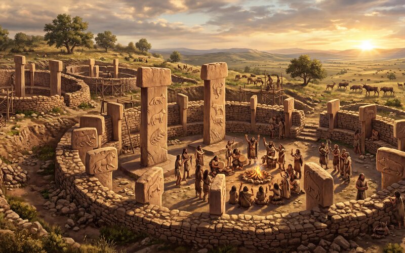 Göbekli Tepe ancient temple with T-shaped pillars carved with animal reliefs