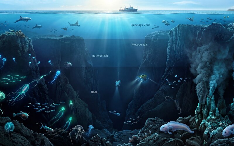 The Mariana Trench, deepest point on Earth with bioluminescent creatures in darkness