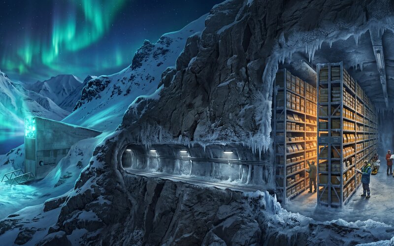 The Svalbard Global Seed Vault entrance glowing in the Arctic landscape