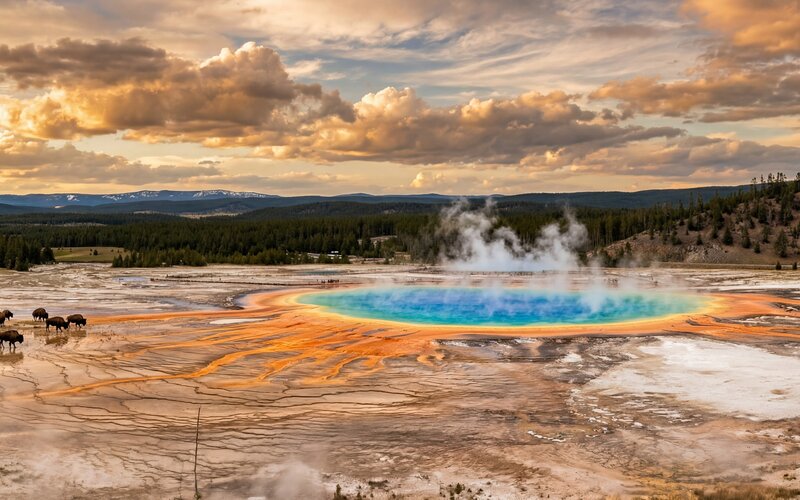 Yellowstone National Park panorama with geysers, hot springs, and vast wilderness